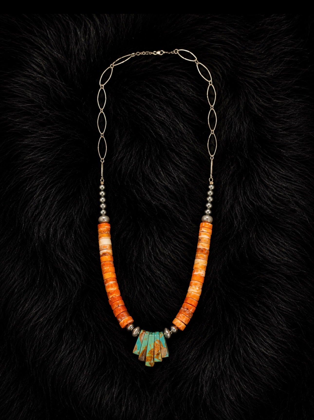 16-18” adj Orange spiny and turquoise necklace